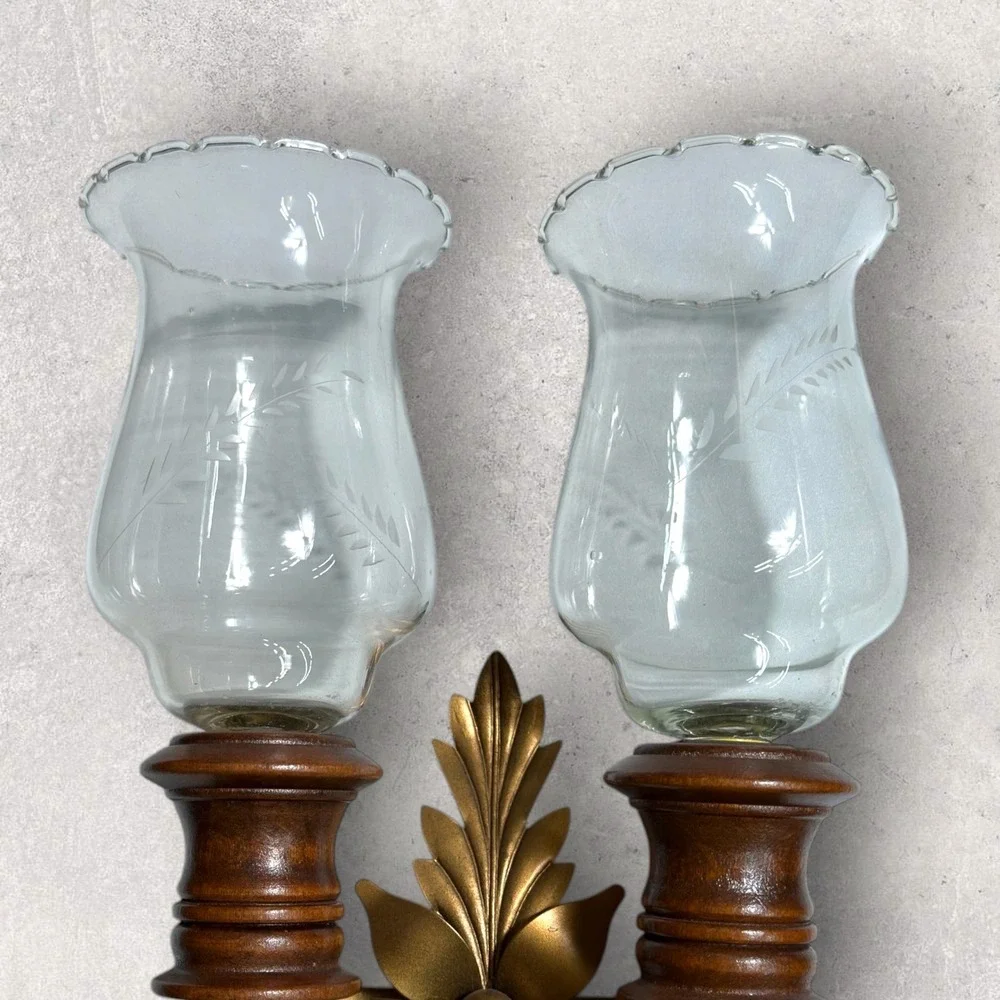 Vintage Double Wall Sconce Wood Gold‎ Metal Floral Etched Glass Hurricane Shades